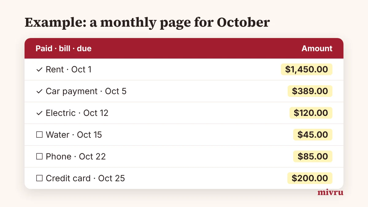 Example October page of a printable bill tracker with three bills ticked as paid and three still to pay