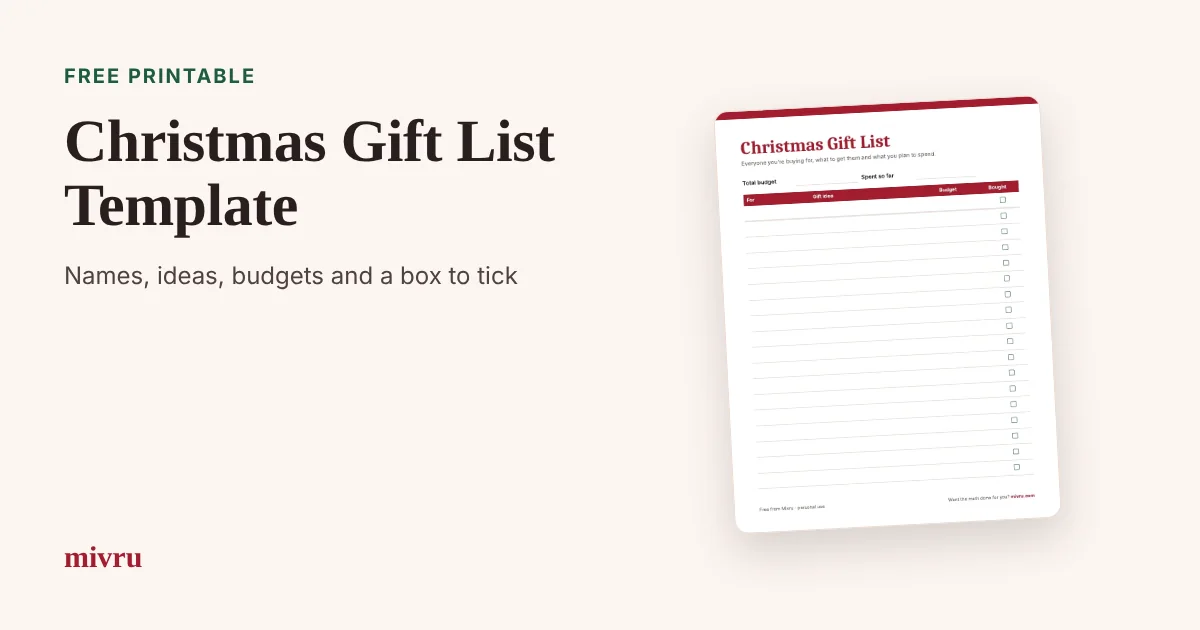 Free printable Christmas Gift List page next to the title Christmas Gift List Template