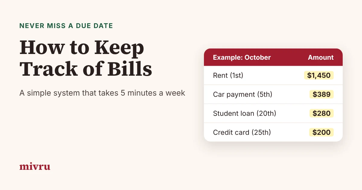 Guide title How to Keep Track of Bills next to an example list of October bills with due dates and amounts