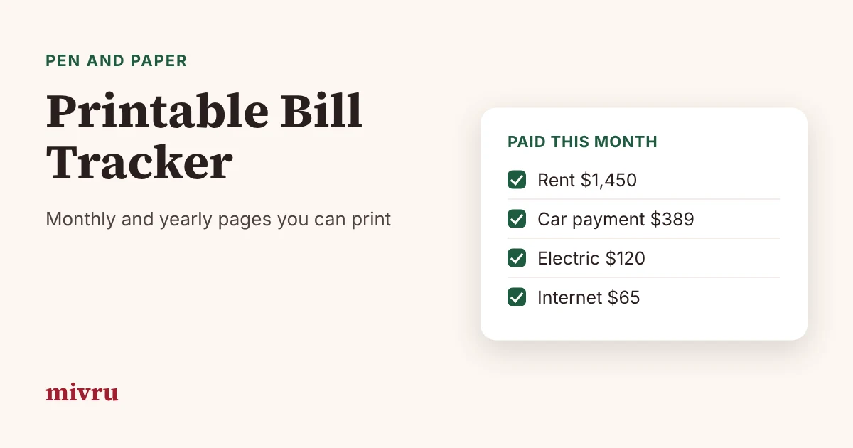 Guide title Printable Bill Tracker next to a checklist of paid bills with amounts