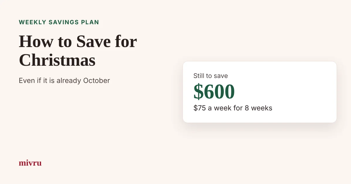Weekly Christmas savings plan card showing $600 still to save next to the title How to Save for Christmas