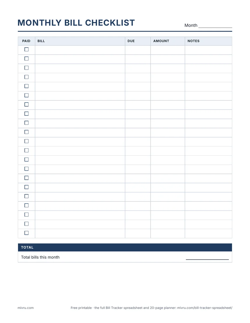 Preview of the free printable Monthly Bill Checklist with paid boxes, due dates and amounts