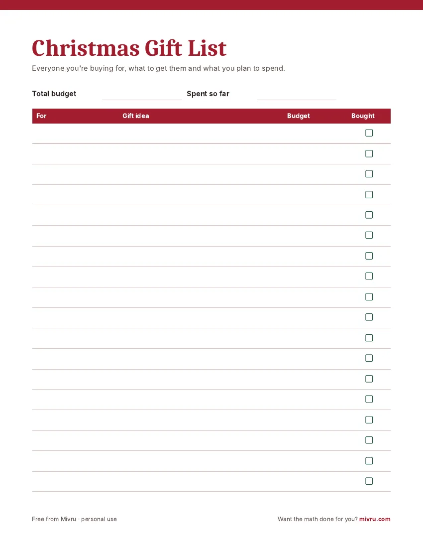 Free printable Christmas Gift List page with name, gift idea and budget columns