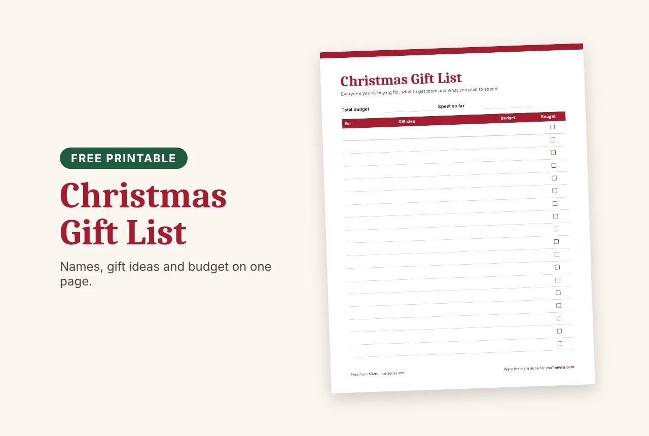 Free printable Christmas gift list with name, gift idea and budget columns